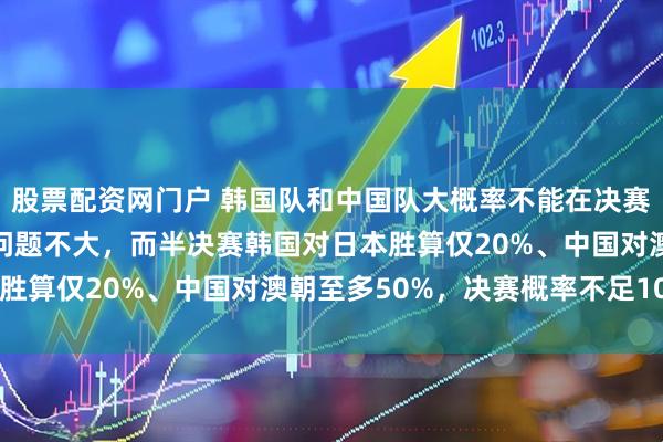 股票配资网门户 韩国队和中国队大概率不能在决赛相遇，首先两国进四强问题不大，而半决赛韩国对日本胜算仅20%、中国对澳朝至多50%，决赛概率不足10%